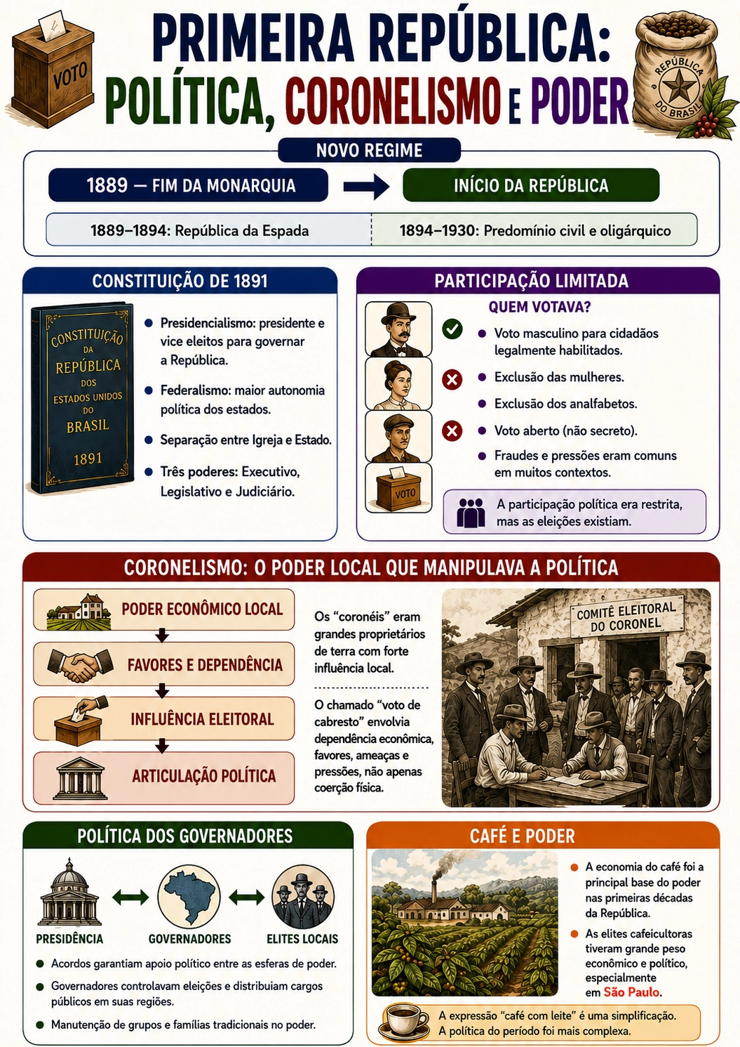 Página visual de História: Primeira República — Política, Coronelismo e Poder