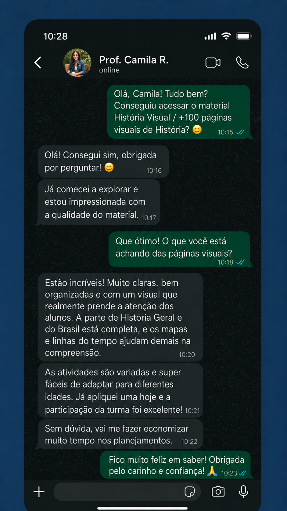 Conversa no WhatsApp com depoimento sobre o material História Visual